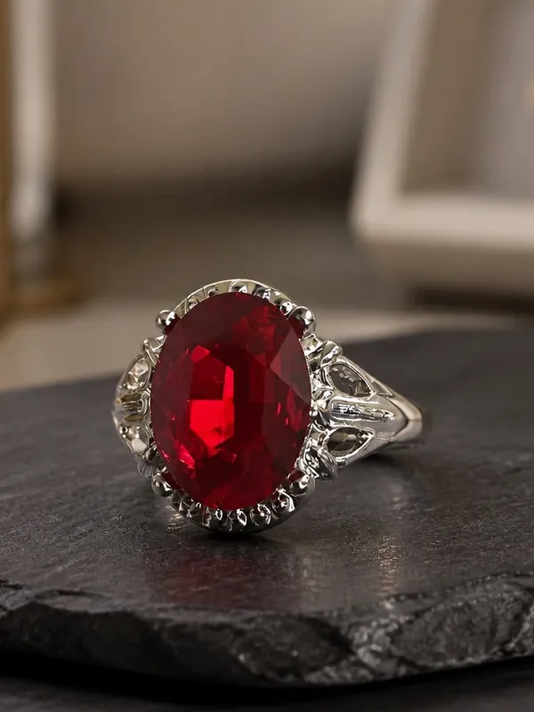 Silver Filigree Ring with Deep Red Oval Stone Size 9 - Image 2