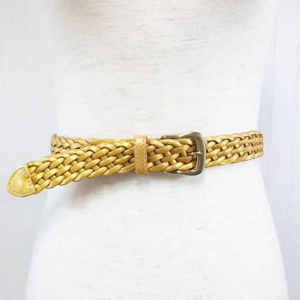 VINTAGE 90s Gold Metallic Woven Leather Belt Braided‎ Y2K Retro Medium Large - Image 2
