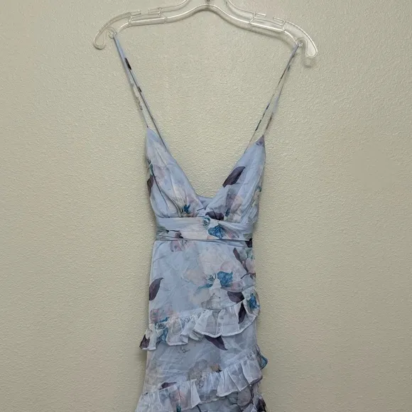 NEW Lulus Saveria Light Blue Floral Ruffle Asymmetrical Maxi Dress XS Party - Image 7