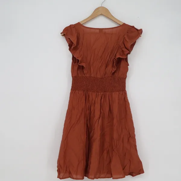 SHEIN Rust Orange Smocked Waist Ruffle Mini Dress V-Neck Size S - Image 3