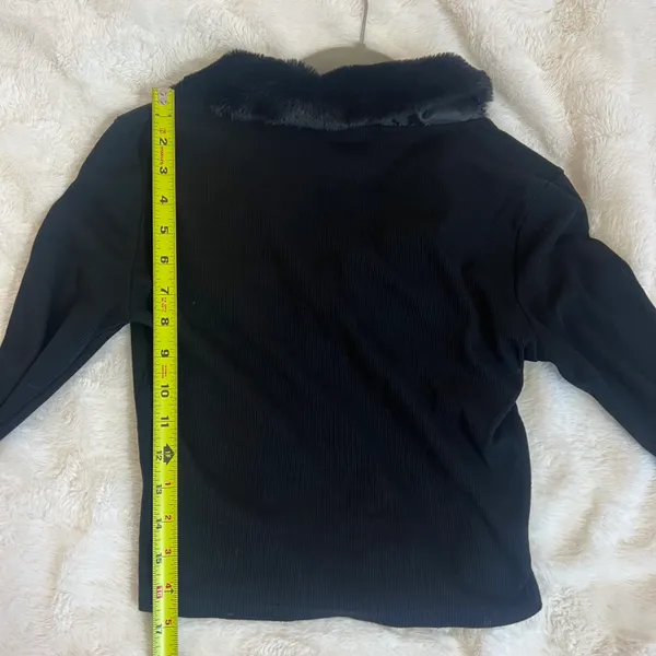 Black Faux Fur Trim Sleeves & Collar Button Up Crop Y2K 90s Style Sweater - Image 10