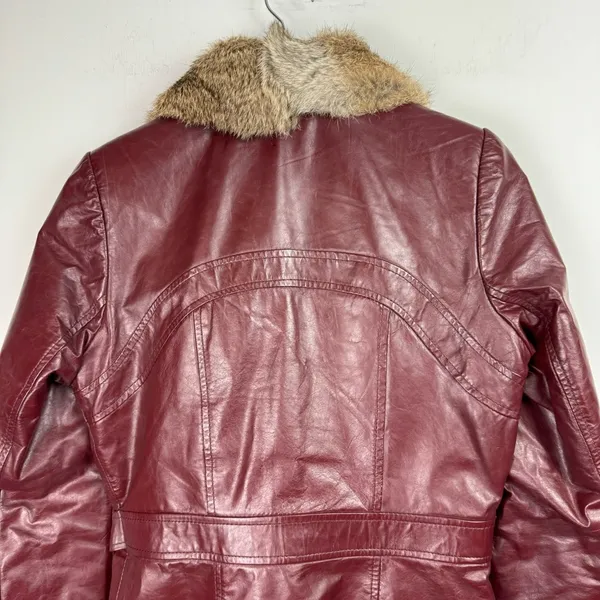Vintage Leather Rabbitt Fur Trim Trench Tie Jacket Sz 5/6 Maroon Y2K Mob Wife - Image 13
