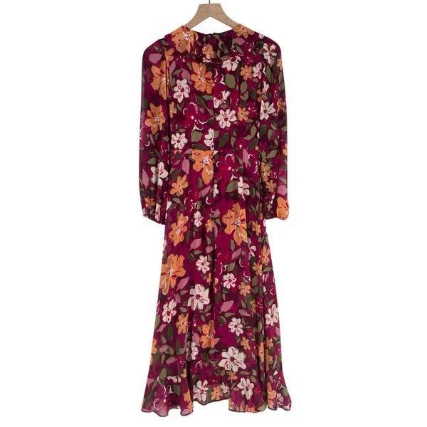 Maggy London Desert Bloom Floral Long‎ Sleeve A-line Dress In Wine Ruffle Trim 2 - Image 4