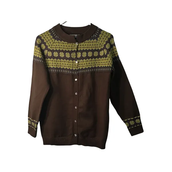 Misslook Sweater Size M Green Brown Fair Isle Button Up Cardigan Long Sleeve Y2K - Image 3