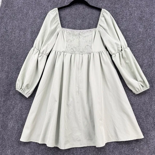 EXLURA Dress Sage Green Puff Sleeve Square Neck Smocked Back Mini Cottagecore M - Image 2