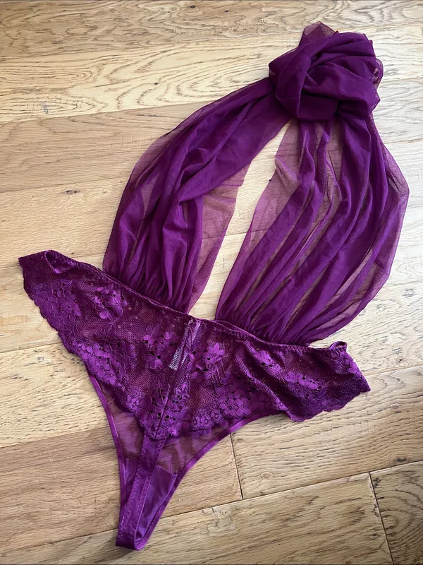 2X - Adore Me - Deep Purple Sheer Lace Halter Teddy - Image 4