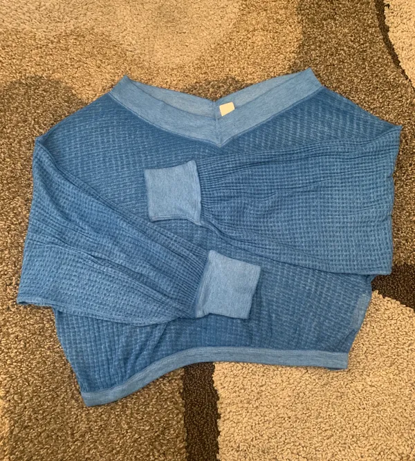 Free People Size XS, Blue Waffle Sweater Top - Image 6