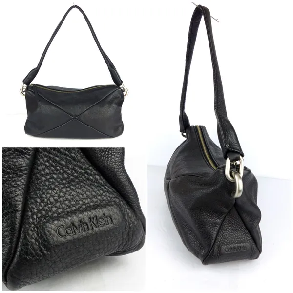 Calvin Klein Black Pebbled Leather Shoulder Bag Hobo Purse Slouchy Zip Y2K - Image 2