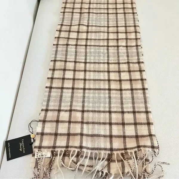 Charter Club Luxury Cashmere Plaid Scarf Ivory Neutral 2-Ply Lightweight Unisex - Image 3