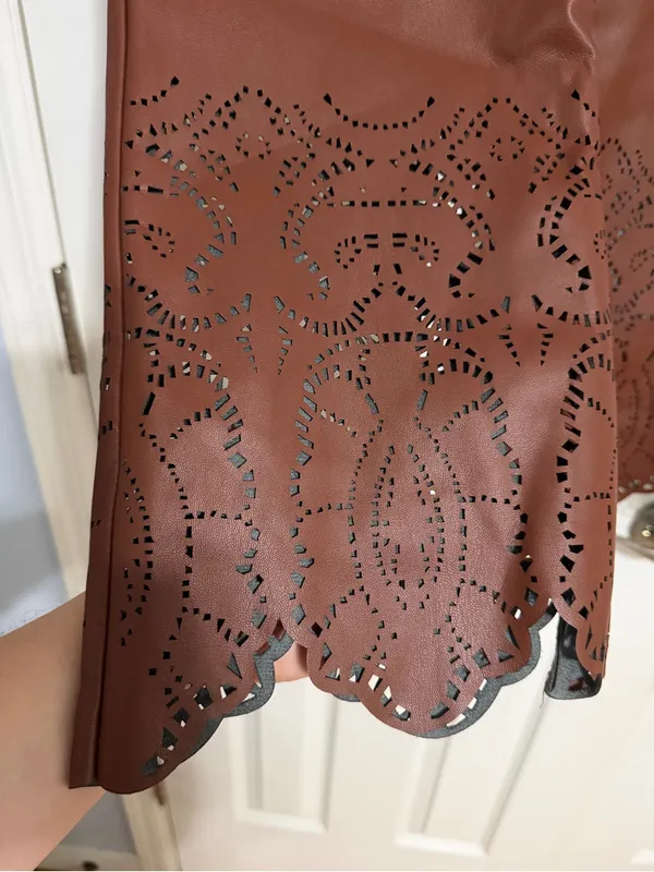 Anthropologie laser cut‎ hem brown faux Leather size 12 ankle crop - Image 9