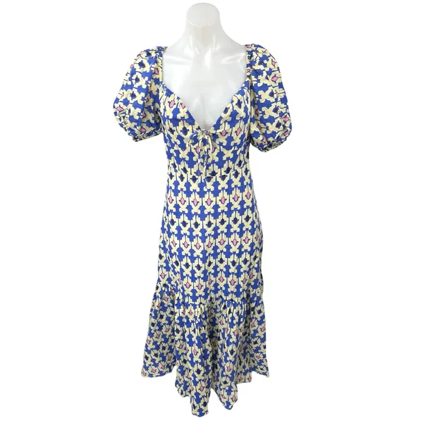 Zara Blue White Printed Short Puff Sleeve Smocked V-Neck Midi A-line Dress Sz L - Image 5