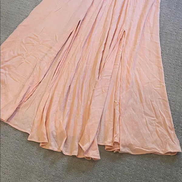 Lovestitch ruffled slit smocked maxi dress tassels new small peach pink rayon - Image 2