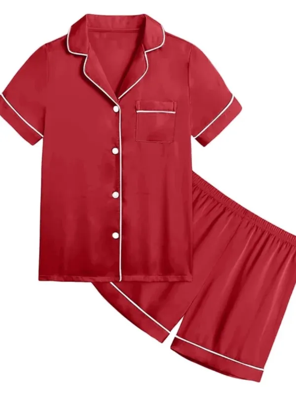Ekouaer Bedtime Stories Red Satin Short-Sleeve Pajama Set with White Piping in Size M - Image 2