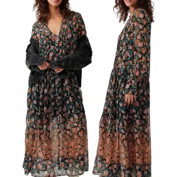 Free People See It Through Maxi Dress in Black Combo Large Floral Prairie Boho - Image 11