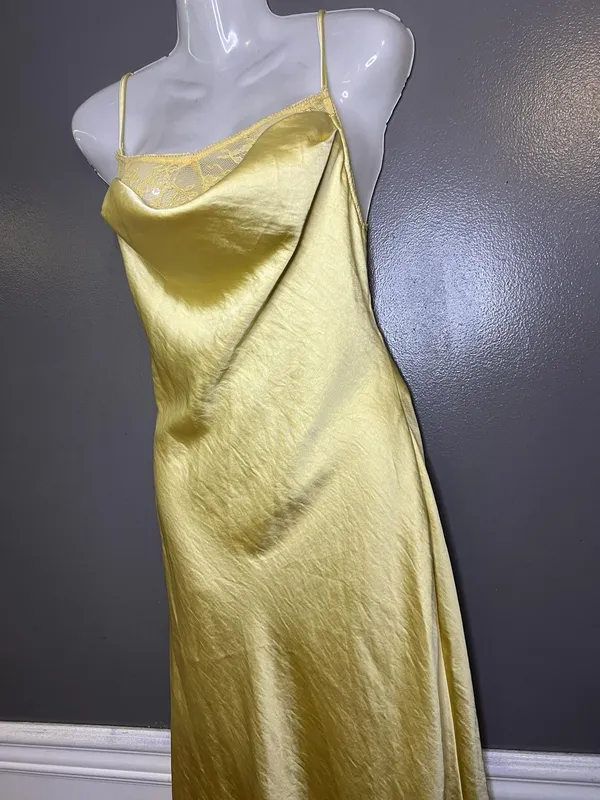 Cider Dress Womens Medium Yellow Satin Lace Cowl Neck Backless Slip Maxi - Image 7