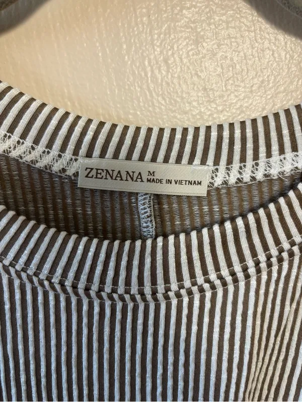 Zenana Outfitters Top Shirt Short Sleeve Oversized Stripe Brown White Medium - Image 4