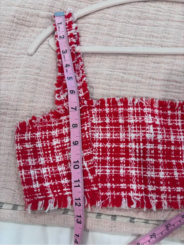 Self Portrait Red & White Boucle Square-Neck Crop Top size 6 - Image 5