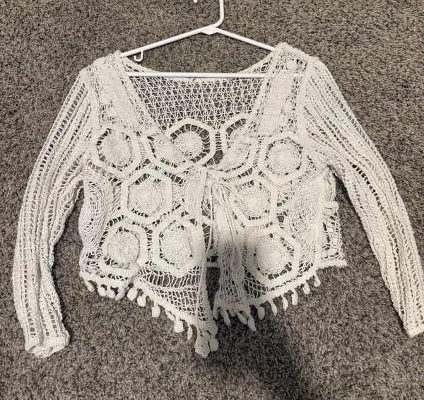 Vintage 70’s White Crochet Open Front Cardigan - Image 2