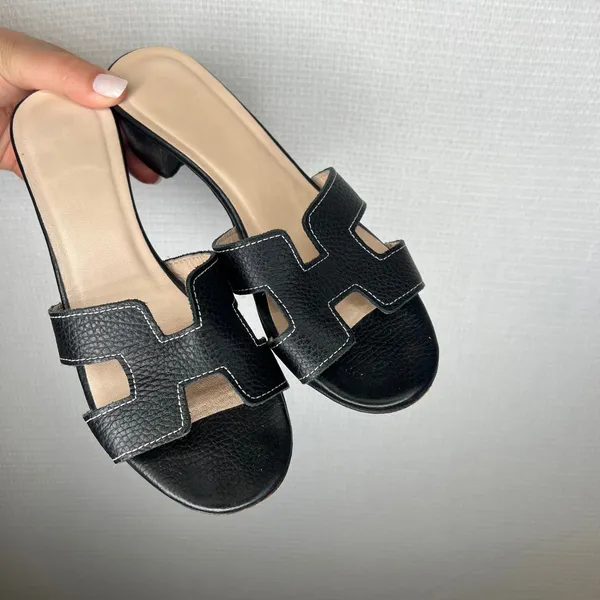 Genuine Leather Black H-Strap Slide Sandals Low Block Heel Contrast Stitch - Image 2