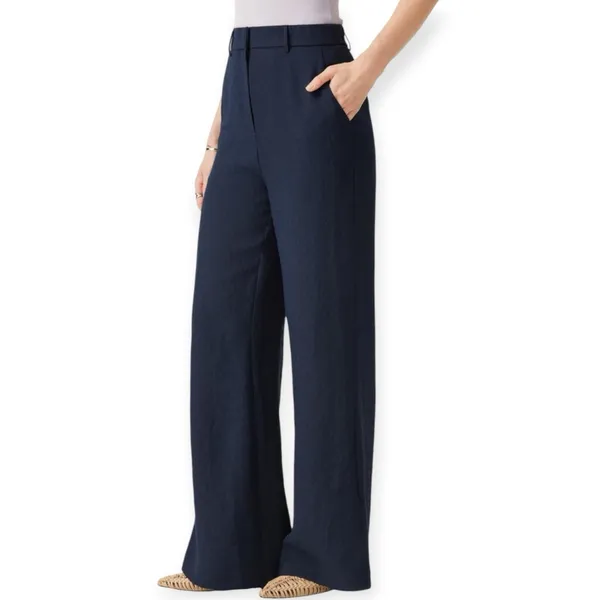 NWT OGL European Linen-Like Mid Rise Flared Pant Size Medium Pockets Denim Navy - Image 2