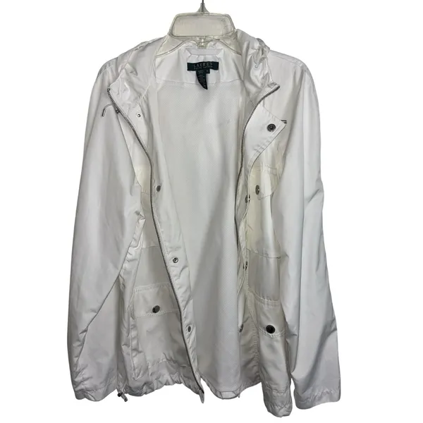 Lauren Ralph Lauren White Chore Jacket Rain Coat Medium Pockets Hooded - Image 3