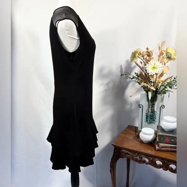 Sandro Paris Black Mesh Shoulder Tiered Ruffle Hem Mini Dress Sz 3 / L 💛 - Image 6