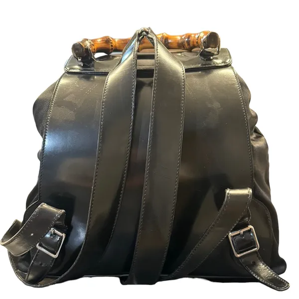 GUCCI Vintage Bamboo Patent Leather/Canvas Backpack Black with Dust Bag - Image 14
