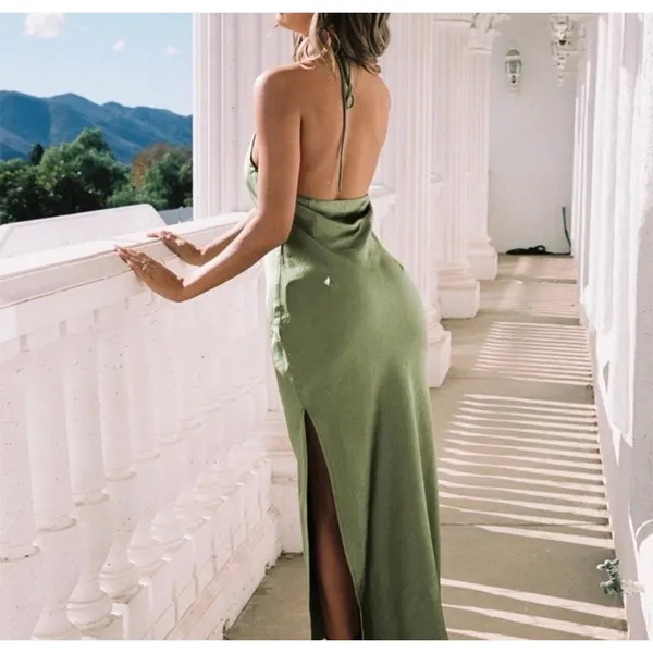 Princess Polly Alissa Green Slit satin strapless halter maxi dress in size 12 - Image 3