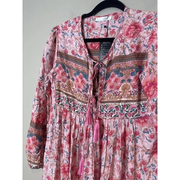 R Vivimos‎ Maxi Dress Size XS Boho Cottage Peasant Floral Pink Tassel Flowy - Image 2