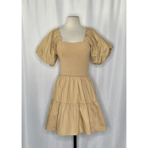 NWT! ENDLESS ROSE Mix Media Mini Dress Latte Brown Puff Sleeves Corset Bodice XS - Image 2