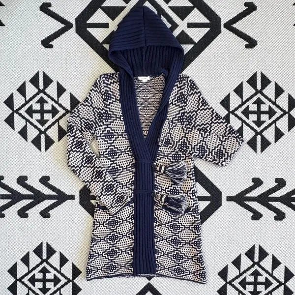 Anthropologie Fiets Voor2 Wool Blend Hooded Tassel Cardigan Sweater in Navy Beige Medium - Image 7