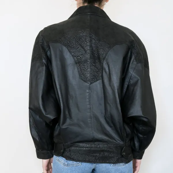 Vintage 70s Weiss Furs Black Leather Snakeskin Bomber Jacket - Image 5