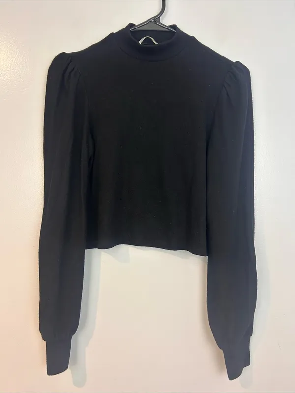 Reformation Black Mock Neck Long Puff Sleeve Cropped Sweater Super Soft Small - Image 2