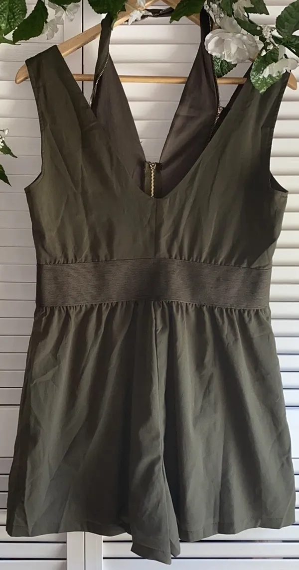 Army Green Sleeveless Romper W/ Gold Zippers - Image 3
