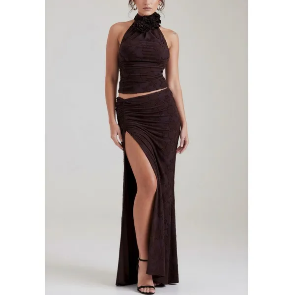 HOUSE OF CB Adrielle Jersey Burnout Maxi Skirt, Cocoa, L+ - Image 3