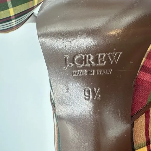 J.‎ Crew Plaid Peep Toe Heels Brown Red Green Chain Detail Stiletto Size 9.5 - Image 7