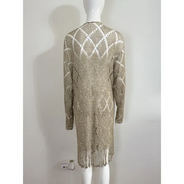 Womens Crochet Knit Cardigan Long Duster Metallic Beige Fringe Boho Cover Up L - Image 4