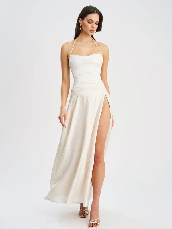 NWT Miss Circle Raegan Pearl White Jacquard Ruched Maxi Dress M - Image 3