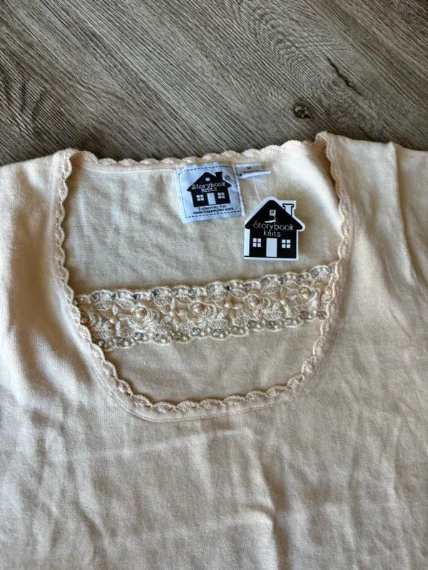 Storybook Knits Cream Lace-Trim Short Sleeve Top - Image 3