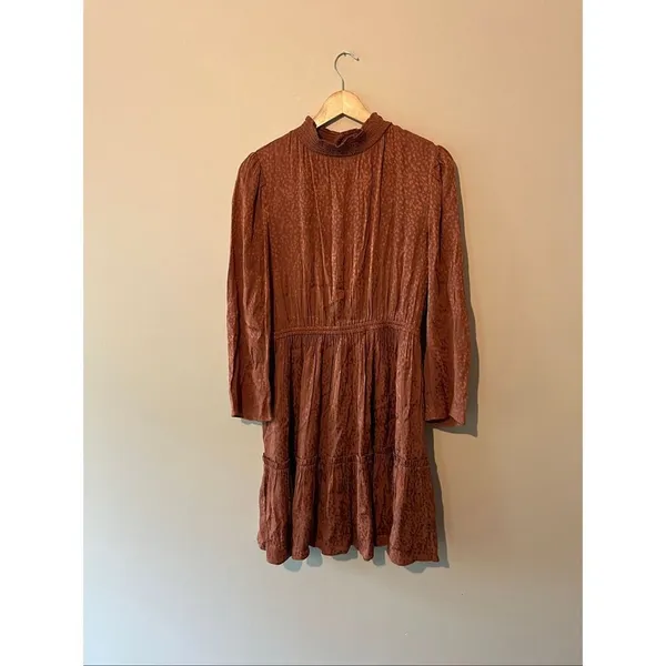 Madewell Mockneck Ruffle Hem Mini Dress Cheetah Jacquard Smocked Brown Copper M - Image 2