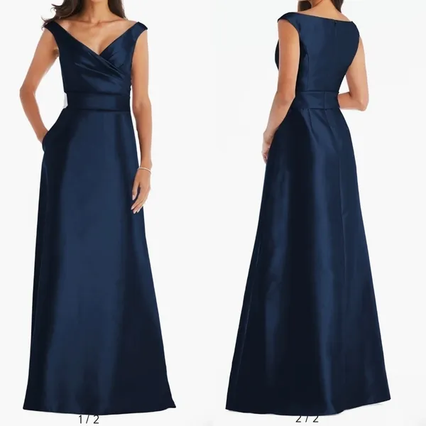 NWOT Alfred Sung Midnight Off the Shoulder Satin Gown Navy D811S 10 R - Image 2