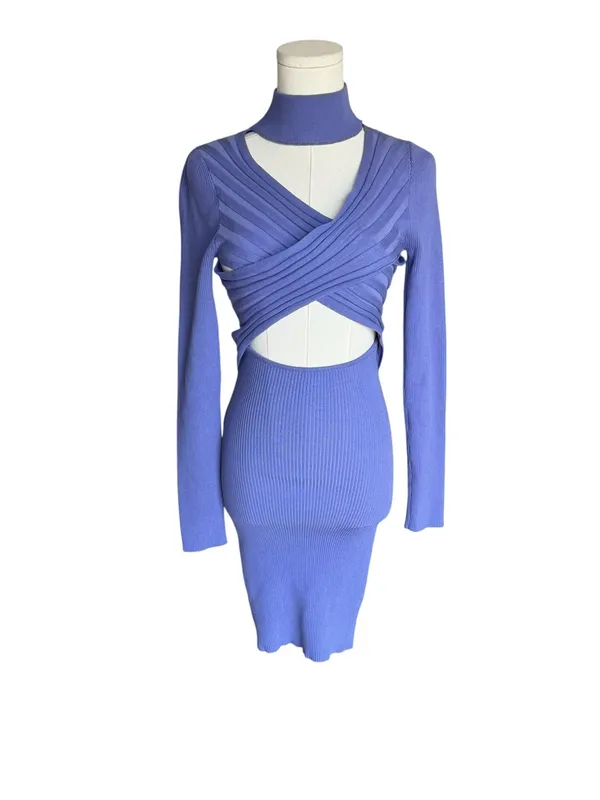 AKIRA - The Good One Cutout Cross Front Ribbed Sweater Mini Dress Purple Sz M - Image 3