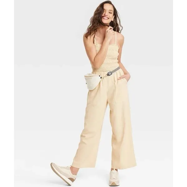 Universal Thread Women's XS Smocked Linen Maxi Jumpsuit Beige‎ Boho Lagenlook - Image 3