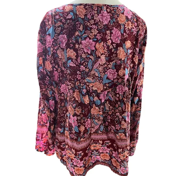 Pretty Garden Boho Cottagecore Blouse Large Pink Floral Tie Neck‎ Peasant Top - Image 6