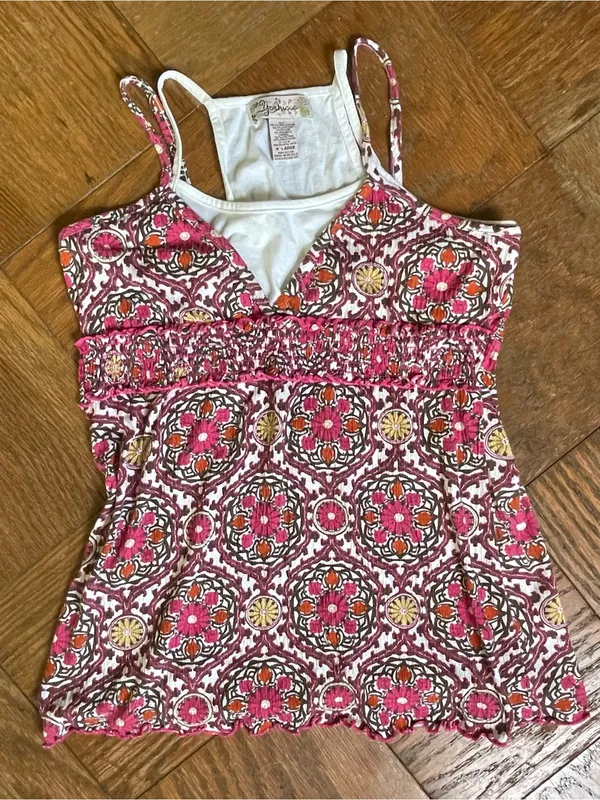 VTG Y2K Younique Babydoll Tank Top ~ Layered Look Geometric pattern ~ Size XL - Image 4