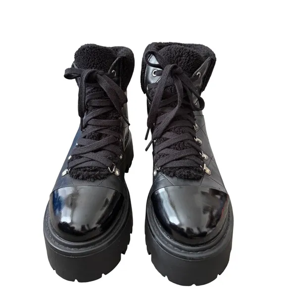 Steve Madden Black Leather Platform Combat Boots Shearling Trim Lug Sole Size 8 - Image 5