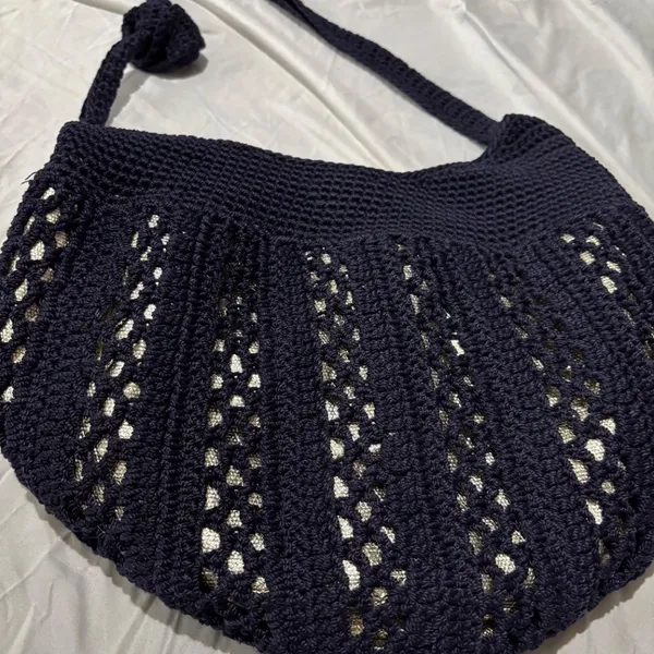 Navy Gold Metallic Crochet Shoulder Bag Open Knit Hobo Purse Boho Y2K Slouchy Ha - Image 6