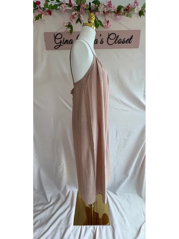 Double Zero Spicy Small Beige Linen Midi Dress with Tie Back - Image 4