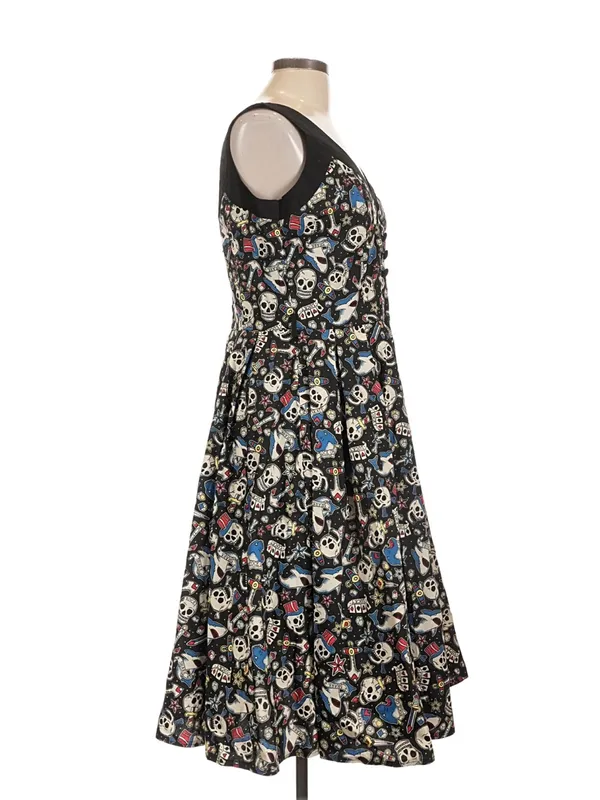 Hell Bunny Black Skull Print V-Neck Fit & Flare Dress - Image 3