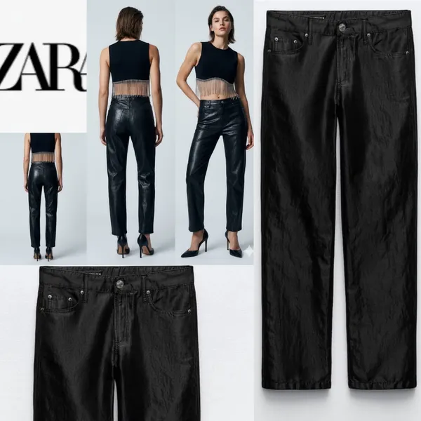 Zara Nwt Satin Effect Shiny Metallic Mid Waist Straight Leg Pants 4 - Image 2